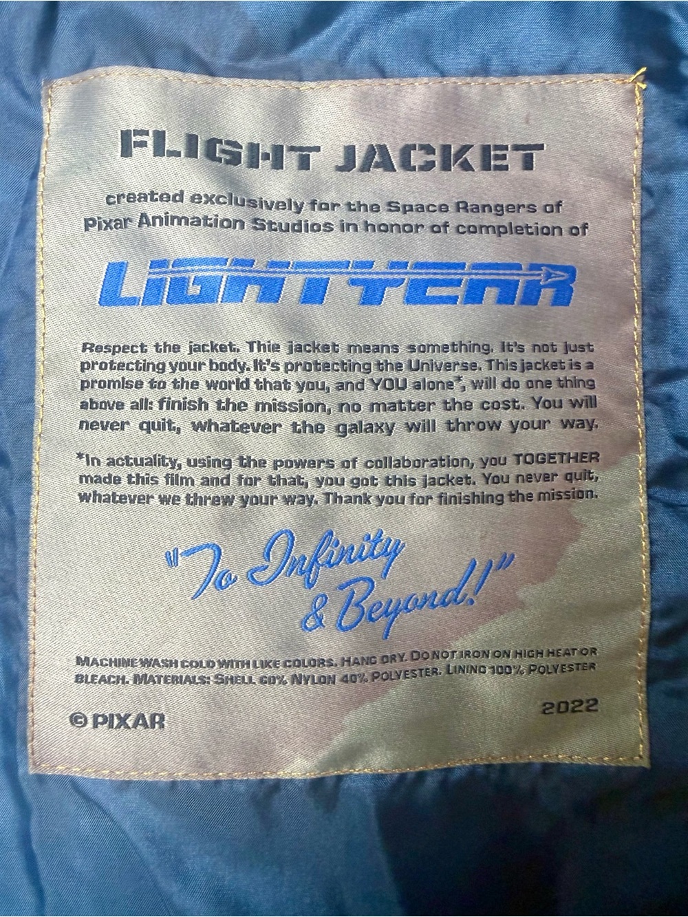 RARE Pixar Lightyear 2022 Made 4 the Production Crew Flight Jacket Disney Size S
